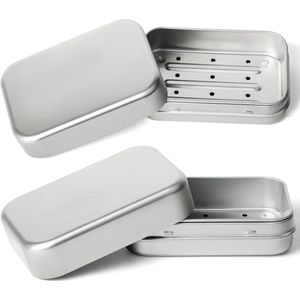 Aluminium vierkante zeepbakjes met afvoernet - Set van 2 - Waterdicht - Ideaal voor op reis en in de badkamer - Met deksel - Afmetingen: 113 x 78 x 44 mm
