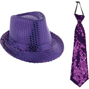 Toppers - Carnaval verkleed setje - glitter hoedje en stropdas - paars - volwassenen - met pailletten