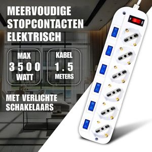 Stekkerdoos Met Onafhankelijke Schakelaars – 6 Stopcontacten (10/16A Bypass + Schuko 16A) – Voor Thuis, Kantoor & Winkel – Wit