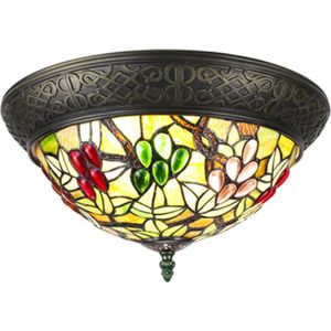 Plafondlamp Tiffany Ø 38x20 cm  Beige Groen Kunststof Glas Rond Plafonniere Glas in Lood