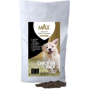 Max Puppy Kip en Rijst – Hondenvoeding – 12 kg - Droogvoer – Geperste Hondenbrokken – verminderd Ontlastingsgeur – Makkelijk Verteerbaar – Glutenvrij - voor Puppy’s en Opgroeiende Honden