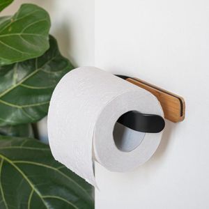 Design Toiletrolhouder - Zonder boren (zelfklevend) | Gemaakt van roestvrij staal en echt houtbamboe | Toilethouder/rolhouder voor badkamer | Mat zwart