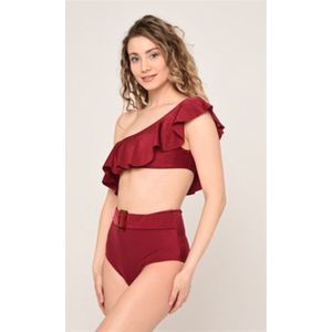 Bikini set- 2-delig Bikini set met een schouder- Hoge taille trendy bikini met riem 194- Bordeaux- Maat 36