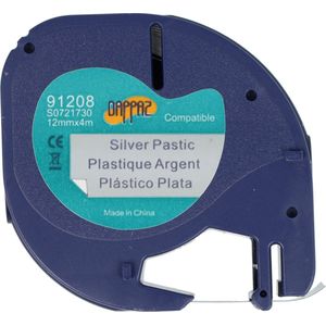 Dappaz - Dymo Plastic Labels Zwart op ZILVER Compatible - Geschikt voor Dymo LetraTag Labelprinter - Labeltape 91208 - 12 mm x 4 m - 1 stuk