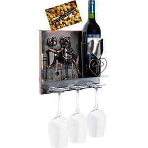 BRUBAKER Wijnflessenhouder liefdespaar - Wall Art foto metaal - met 3 glazen houders - inclusief wenskaart voor wijngeschenk