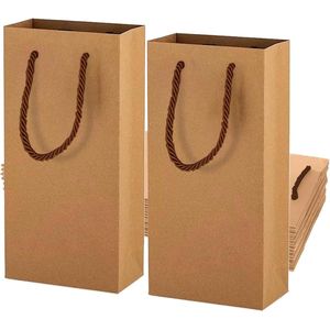 Wijn geschenkzakken van kraftpapier met handgrepen - 10 stuks dubbele fles wijn opbergtas voor Kerstmis, bruiloft en feest (bruin) - Tas Organisator