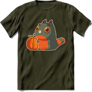 Frankenstein kat T-Shirt Grappig | Dieren katten halloween Kleding Kado Heren / Dames | Animal Skateboard Cadeau shirt - Leger Groen - L