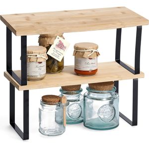 Zeller keukenrek/opbergrek/aanrecht organizer - 2x - zwart - 36 x 16 x 16 cm - metaal/bamboe hout