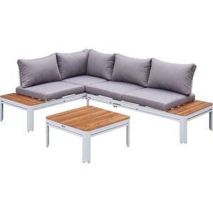 AXI Eos Loungeset met ligbed Wit met Hout-look PSPC – Hoekset met tafel - Gepoedercoat aluminium frame – Geïntegreerd ligbed - PSPC tafelblad