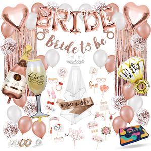 Fissaly 73 Stuks “Bride to be” Vrijgezellenfeest Vrouw Decoratie Set - Bachelorette Party Vrouwen – Vrijgezellen Team - Inclusief Ballonnen, Sjerp, Sluier, Versieringen & Accessoires