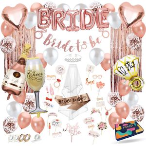 Fissaly 73 Stuks “Bride to be” Vrijgezellenfeest Vrouw Decoratie Set - Bachelorette Party Vrouwen – Vrijgezellen Team - Inclusief Ballonnen, Sjerp, Sluier, Versieringen & Accessoires