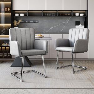 Sweiko 2-delige eetkamer stoelen met verticale strepen, gestoffeerde fauteuil met zigzag metalen benen, lounge stoel, woonkamer stoel voor slaapkamer, werkkamer en bureau, synthetisch leer, grijs