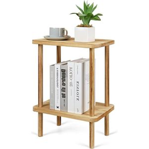 Houten Bijzettafel met Opbergrek 2 Verdiepingen - Nachtkastje 40 x 26 x 55 cm - Kleine Salontafel voor Slaapkamer Woonkamer - Balkon Kantoor Keuken - Kleine Tafel Nachtkastje