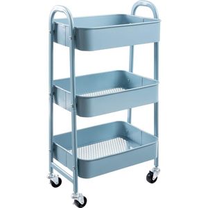 Opbergwagen 3-etages Metaal Utility Cart Rolwagen Trolleywagen, Opbergtrolley met Wielen Voor Keuken Badkamer Poeder Kamer Kantoor, Grijs-Blauw