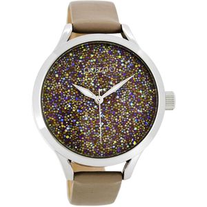 OOZOO Timepieces - Zilverkleurige horloge met taupe leren band - C8647