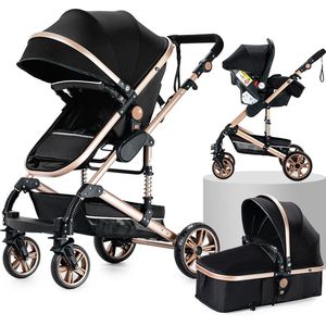Kinderwagen - Luxe 3-in-1 Kinderwagen - Kinderwagens - Wandelwagen - Autostoeltje - Buggy - Inklapbaar - Zwart / Goud - 0-36 Maanden