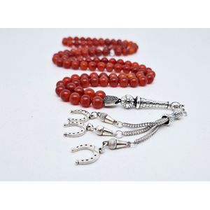 Handgemaakte tesbih natuursteen ""Rood Agaat"" 99 kralen met metaal tassel ""Hoefijzer"" - Een mooi cadeau-idee