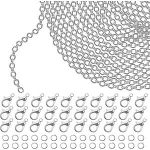 Kurtzy Zilveren Sieraden Maak Ketting – 10 m x 1,5 mm Koperen Link Kabel, 30 Metalen Kreeftklemmen & 30 Ijzeren Springringen – DIY Ketting, Armband, Hanger & Hobby Voor Heren & Dames