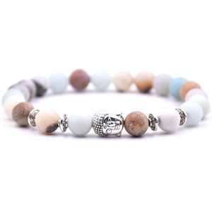 Armband met buddha bedel - Armband natuursteen - Kralen armband 19 cm - Dames / Heren / Unisex / Cadeau - Cadeau voor man & vrouw - Zilveren Buddha - Elastisch - Pastel