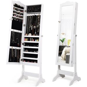 COSTWAY Sieradenkast, sieradenrek, afsluitbaar, spiegelkast met full-body spiegel voor make-up, kantelbaar