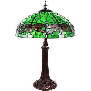 LumiLamp Tiffany Tafellamp Ø 41*59 cm E27/max 2*60W Groen, Geel, Rood Metaal, Glas Libelle Tiffany Bureaulamp Tiffany Lampen Glas in Lood