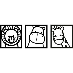 3-delige Dierenkopjes Leeuw Nijlpaard Giraf -- Wall Art by Cutting Edge Design - Cartoon Diertjes Kinderen Slaapkamer Peuter Kleuter Baby Babyshower Muurdecoratie Hout Wand Kader Muur Cadeau Geschenk Deco Wood Laser Woondecoratie Interieurdesign