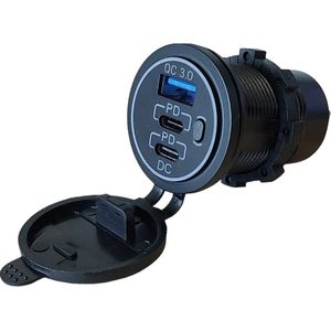 ProRide® 12V USB/USB C Autolader 3 Poorten met schakelaar - Inbouw - QC3.0 - USB Stopcontact voor Auto, Boot en Camper - Blauw