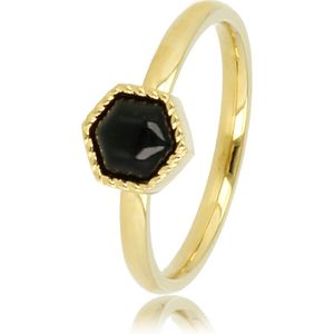 My Bendel - Gouden ring met zwarte glassteen - Unieke gouden ring gevormd in een zeshoek met zwarte glassteen - Met luxe cadeauverpakking