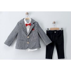 luxe jongens kostuum-kinderpak- kinderkostuum-4 delige set - zwart wit gestreepte blazer, witte hemd, zwarte kostuumbroek ,rode vlinderstrik -bruidsjonkers-bruiloft-feest-verjaardag-fotoshoot-maat 74 (9-12 maanden)