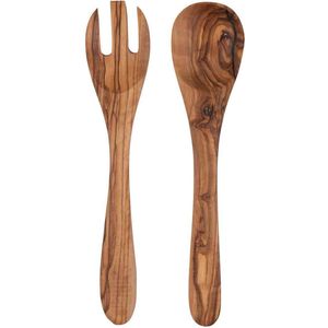 Bowls and Dishes Pure Olive Wood olijfhouten Slacouvert | Saladebestek | Olijfhout | Opscheplepels 3-tand (25 cm) | cadeautip!