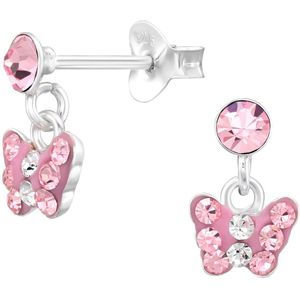 Joy|S - Zilveren vlinder oorbellen - bedel oorknoppen - roze kristal