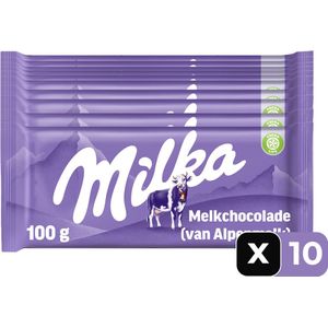Milka Alpenmelkchocolade 100 g - 10 Stuks - Reep - Chocolade - Snack - Voordeelverpakking