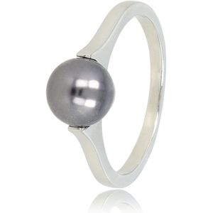 My Bendel - Ring zilver met grote zwarte parel - Zilveren aanschuifring met grote zwarte parel - Met luxe cadeauverpakking