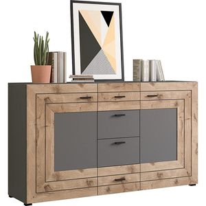 Rootz Freno Dressoir - Houtmateriaal - Grijze Replica - Nox Eiken Replica - 160 x 90 x 40 cm - 2 Deuren - 4 Laden - 4 Planken