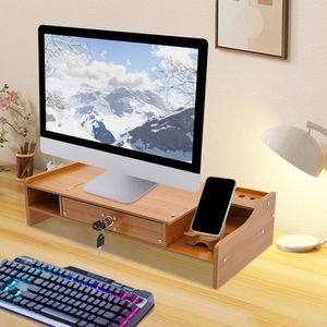 Mygroot Verhoger Standaard - Met opbergla Laptop Beeldschermverhoger - Bureau Beeldscherm Verhoging - Hout.