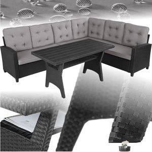 tectake® Wicker zitgroep tuinbank - Loungeset met bank en eettafel - Hoekbank - Buitenlounge - Zithoek - Weerbestendig - Tuin, balkon, wintertuin, terras - Zithoogte 41 cm - Zwart