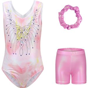 Joya Kids® Turnpakje Meisjes zonder Mouwen met Broekje en Scrunchie | Licht Roze met Wit met Glitters en Strass Steentjes Ballet pakje | Gymnastiekpakje Zomer zonder Mouw | Turnen | Turn Pakje set | Maat 130