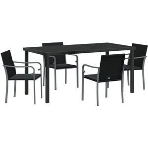 vidaXL - 5-delige - tuin - eettafelset - met - kussens - zwart - poly - rattan