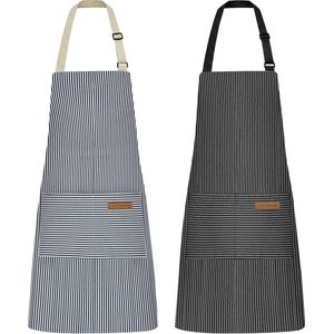 Set van 2 kookschorten voor dames, keukenschort met 2 zakken voor koken, bakken, schilderen, huishoudelijk werk (zwarte krijtstrepen/blauwe krijtstrepen)