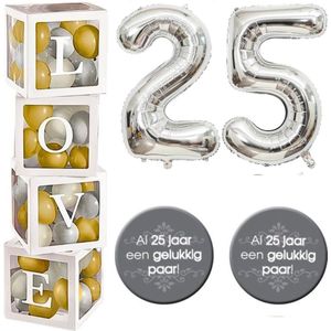 Jubileum decoratie pakket 25 jaar liefde zilver - ballon - box - 25 - zilver - button - folie ballonnen - jubileum