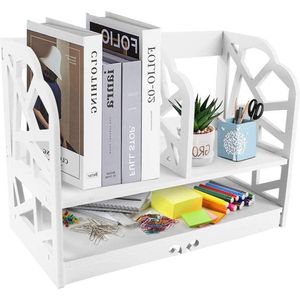 Mini Bureau Boekenplank - Opengewerkte 2 lagen - Witte matte afwerking - Desktop Boekenplank DIY - Houten eenheid Display Boekenkast voor woonkamer - Studeerkamer Slaapkamer Kantoor - 30 * 21 * 40cm