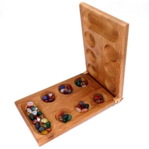 Houten Mancala bordspel set met glazen stenen - Reisformaat voor kinderen en volwassenen