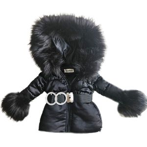 BamBella® Winterjas - Maat 110- Luxe Bontkraag jas Imitatiebont jas kind zwart kinderjas jasje met grote bontkraag