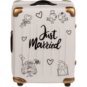 Spaarpot koffer 'Just Married' - Sparen voor je huwelijksreis - ca. 11 x 6,5 x 16,5 cm - Keramiek - Spaarpot trouwen - Liefdes cadeau