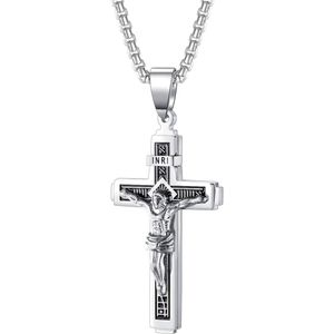 Fako Bijoux® - Cubaans Kruis Jesus Voor Mannen - HD Ketting Met Kruis - Heren Ketting - Holy Cross - 29x55mm - 55cm - 2mm - Stainless Steel - RVS - Staal - Zilverkleurig