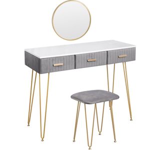 BukkitBow - Moderne Kaptafel / Make Up Tafel - Inclusief Spiegel en Krukje – Voor Kinderen & Volwassenen – 100x40 cm - Grijs