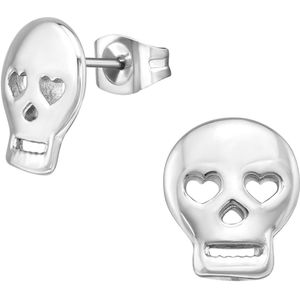 CS Joy - skull schedel oorbellen - 10 x 12 mm - doodskop oorknoppen - met hartjes oogjes - Chirurgisch staal