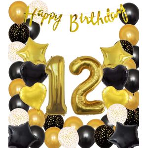 Snoes Ballonnen 12 Jaar Black Gold Dots Mega Ballon - Compleet Feestpakket Goud Zwart Stippen Cijferballon 12 - Verjaardag Versiering DIY Slinger Happy Birthday – Folieballon – Latex Ballonnen - Helium Ballonnen