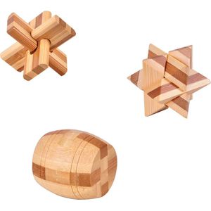 DW4Trading 3D Bamboo Breinpuzzels Kruis, Ster, Barrel - Set van 3 Stuks - 5x5 cm