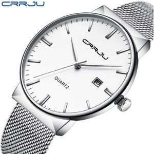 CRRJU Horloge Quartz Ø 41 - Met Datumaanduiding - Zilver/Wit - Staal - Inclusief Horlogedoosje